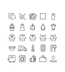 symboles pour pressing, laverie, traitement du linge, nettoyage des vêtements, teinturerie, repassage, couture, entretien, retouche, écologique. linge de maison, habillement.
