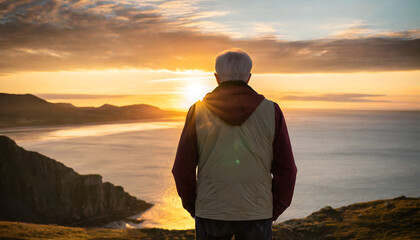 Old adult male standing in front of a scenic landscape