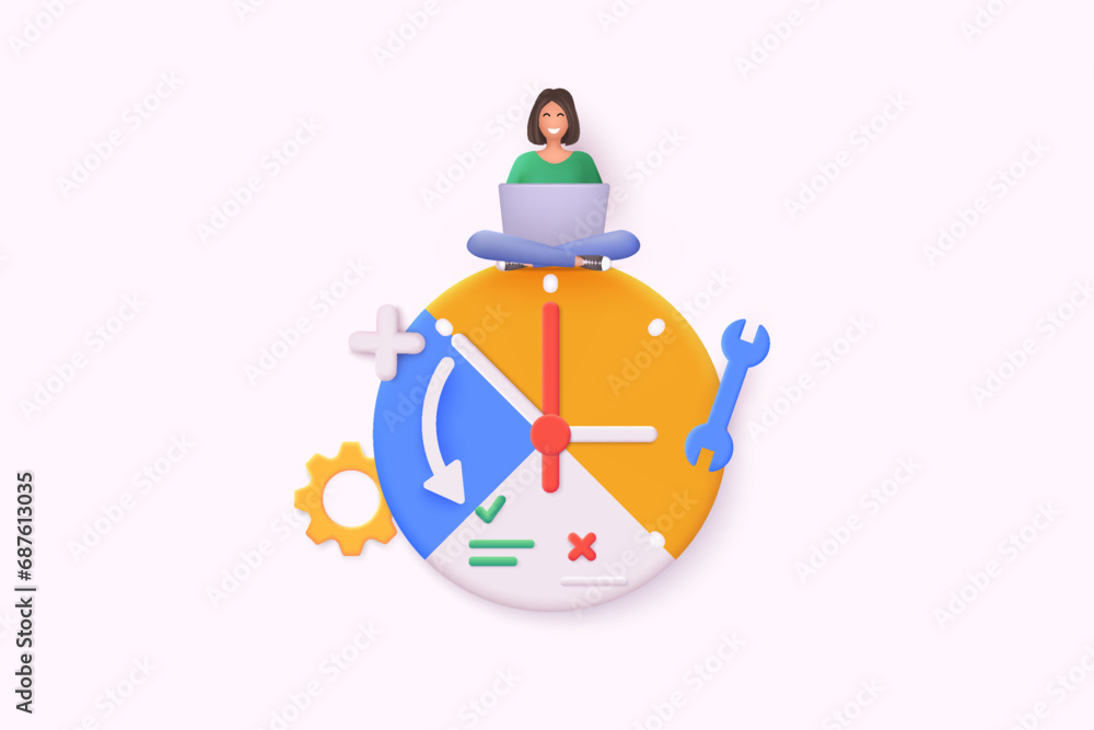 Poster time management concept. time organization efficiency. schedule job project team. characters plannin