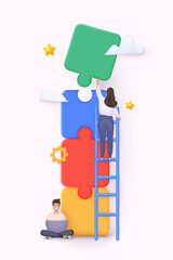 Metaphor of partnership.Business concept. Workflow, colleagues working on same project. 3D Web Vector Illustrations.