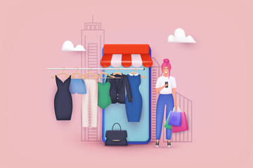 Clothes on rack. Online shopping on application and website concept. Commercial concept for store, showroom, exhibition. 3D Web Vector Illustrations.