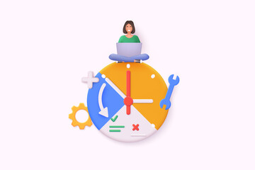 Time management concept. Time organization efficiency. Schedule job project team. Characters planning project tasks, managing schedule and work time. 3D Web Vector Illustrations.