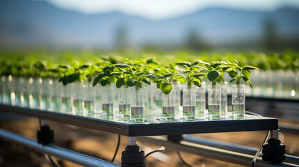 Growing plants in nutrient-fortified  water in the desert.  Hydroponic technology - obrazy, fototapety, plakaty