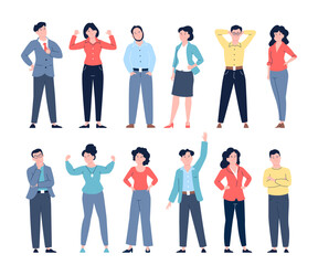 Confident business characters. Office team, isolated people in suits and casual clothes. Narcissistic male and female, leaders recent vector set