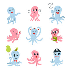 Cute underwater octopus set. Childish mascot, ocean or sea world characters. Cartoon octopuses pirate, in love and angry, classy vector clipart
