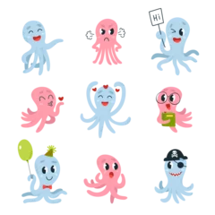 Cercles muraux Vie marine Cute underwater octopus set. Childish mascot, ocean or sea world characters. Cartoon octopuses pirate, in love and angry, classy vector clipart