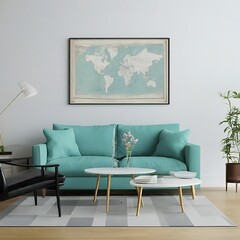 Stylish Scandinavian living room interior with designed mint sofa, furniture, map poster, plants