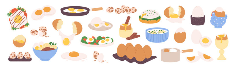 Eggs food. Mediterranean and asian meals with egg. Various cooking proteins, boiled and fried, in salad, sandwich and with bread. Fresh eat racy vector set