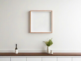 Blank wooden light brown frame on white wall, cute minimalistic photo template. Green plant in a vase on a wooden tabletop, home decor.