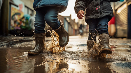 Two children with wellies stepping into puddles - obrazy, fototapety, plakaty