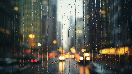 Blurred city through a rain-wet window - obrazy, fototapety, plakaty