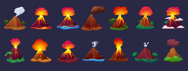 Cartoon volcano eruption processes. Volcanoes erupting with magma, fire, ashes and smoke. Hot lava erupted from mountains, game nowaday vector elements