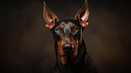 Portrait of a black dog. Doberman in a studio