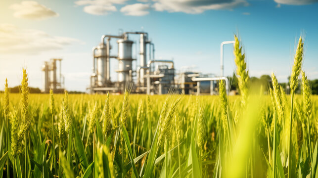 Wheat field with biofuel plant in the background. Sustainable energy production through organic sources.