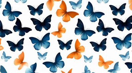 seamless pattern of blue butterflies on a white background, dark navy and orange, 16:9