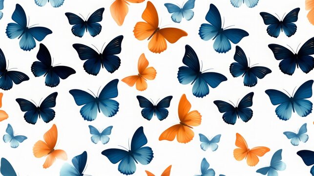 Fototapeta seamless pattern of blue butterflies on a white background, dark navy and orange, 16:9