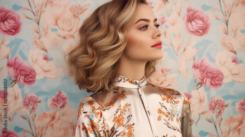 Wall mural Portrait of young european fashionable female model, shot from the side, smiling, looking to the side, vibrant vintage floral pattern background