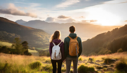 Young adult couple standing in front of a scenic landscape