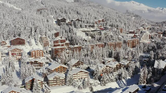 The ski resort of Crans-Montana in the Swiss Alps, covered by fresh snow