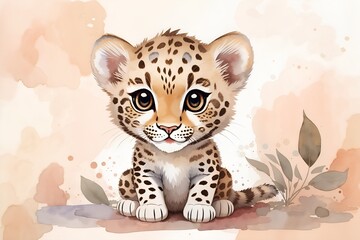 Chibi kawaii wild baby leopard in watercolor with big eyes