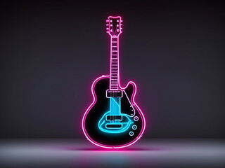 neon sign, neon icon of guitar minimalist design, neon light - obrazy, fototapety, plakaty