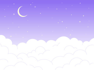 Night sky cartoon background. Evening landscape with crescent, shiny stars and clouds. Flat white cloud and moon, nature vector illustration