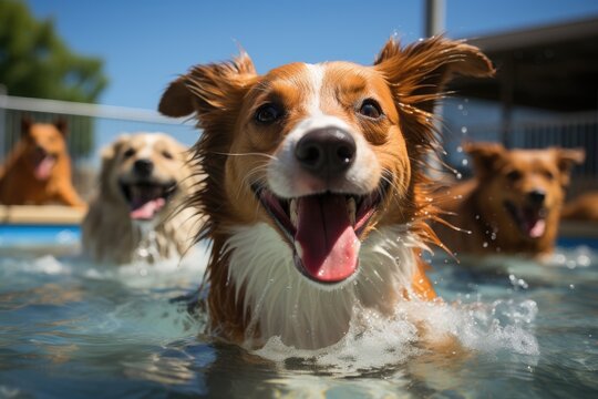 This heartwarming image captures the essence of a canine community, showcasing dogs engaging in play in a swimming pool, socializing, and enjoying a vibrant atmosphere.