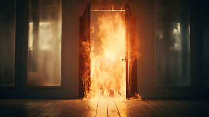 Corridor of a residential building in a flame of fire