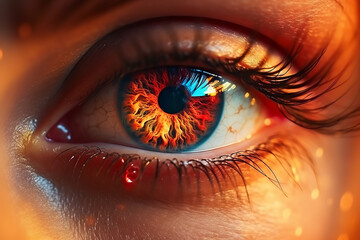Macro of beautiful brown eye of a female person with burning glowing fire in iris