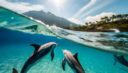 Split view of dolphins in tropical landscape