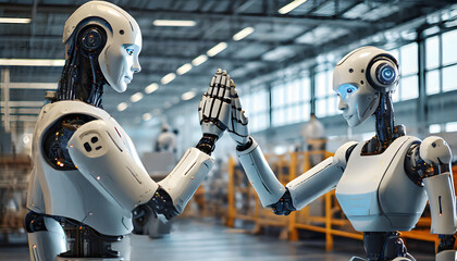 2 humanoid robots give high fives in factory - obrazy, fototapety, plakaty