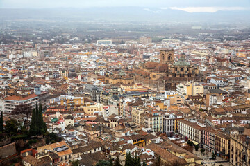 Beautiful View of the city of Granada from the top of the hill where is the Alhambra Palace.View of the cathedral in Granada. Granada, Spain. 