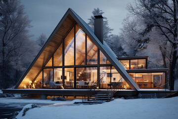 modern frame house with large windows in winter