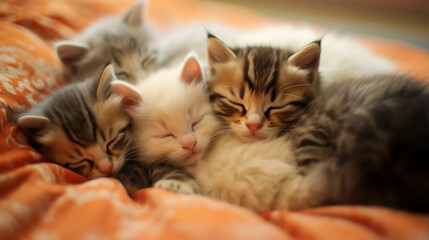 group of kittens cuddled together, peacefully napping.