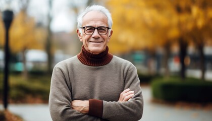 old age senior mature retired male man well dress cloth looking at camera portrait shot profile positive smiling successful carefree attitude face expression street outdoor location background