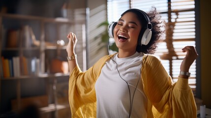 happiness greeting joyful freshness moment female woman dancing carefree freedom moveing around listening music from headphone enjoy peaceful serene moment alone in bedroom at home interior background