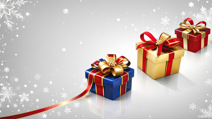 Three Festive Gifts Adorned with Red Ribbons and Snowflakes