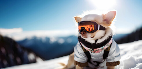 chihuahua dog wearing ski suit and goggles in the snow, dog skiing, snow vacation concept, winter activities