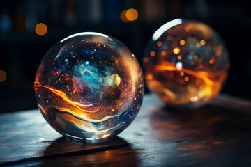 Magic spheres of fortune teller with galaxy inside, mind power concept - obrazy, fototapety, plakaty