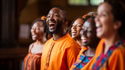 Foto op Canvas Black christian gospel singers of church praising Jesus Christ. Message of Christianity for christmas song music © Adin