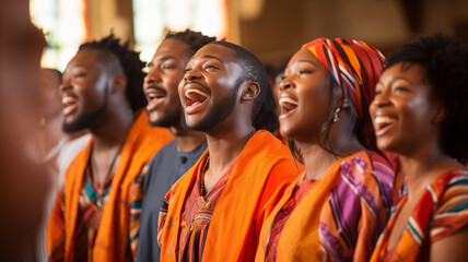 Black christian gospel singers of church praising Jesus Christ. Message of Christianity for...