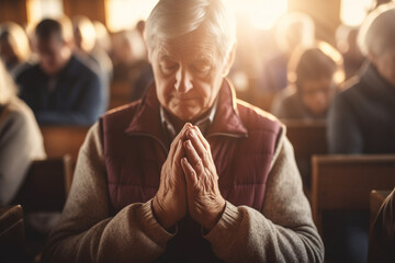 Elder woman pray in church Christian life crisis prayer to god. Hands praying to god with bible on sunlight glare - obrazy, fototapety, plakaty
