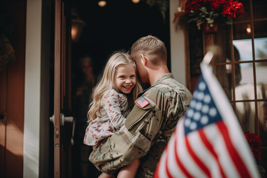 Soldier returning home after military mission of war. Emotional family reunion, baby girl daughter hugging soldier man dad