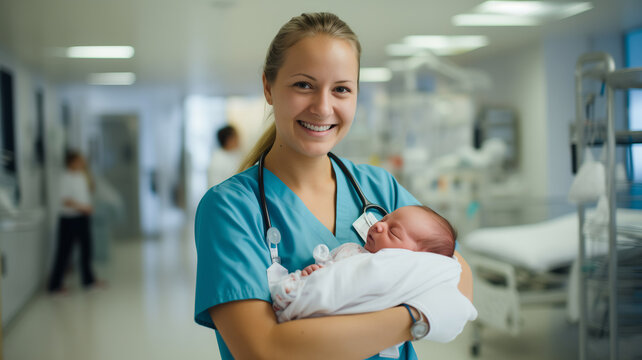 Obstetrician Smile Woman Holding Newborn Baby In Clinic, Blurred Background. Midwife Doctor For Help Pregnancy