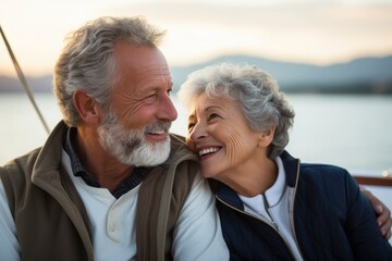 Happy elderly couple outdoors hugging, smiling and enjoying nature together.