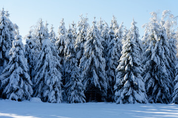 View of a Bavarian winter landscape with lots of snow, blue sky with clouds on a cold winter day