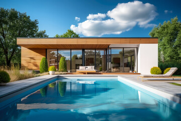 Stunning prefabricated house, where an integrated swimming pool seamlessly blends into the living space. The sleek design and expansive windows create an oasis of relaxation and recreation.