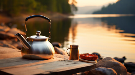 Vintage coffee pot on camping fire. Wonderful evening atmospheric background of campfire. Romantic warm place with fire. The concept of adventure, travel, tourism and camping.