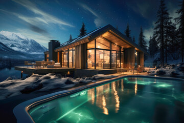 Mountain retreat with this stunning prefabricated house featuring an integrated swimming pool.