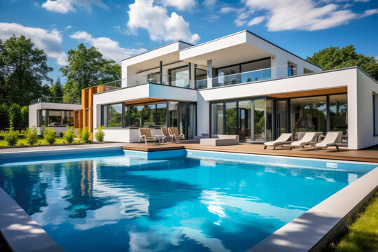 Stunning prefabricated house, where an integrated swimming pool seamlessly blends into the living space. The sleek design and expansive windows create an oasis of relaxation and recreation.